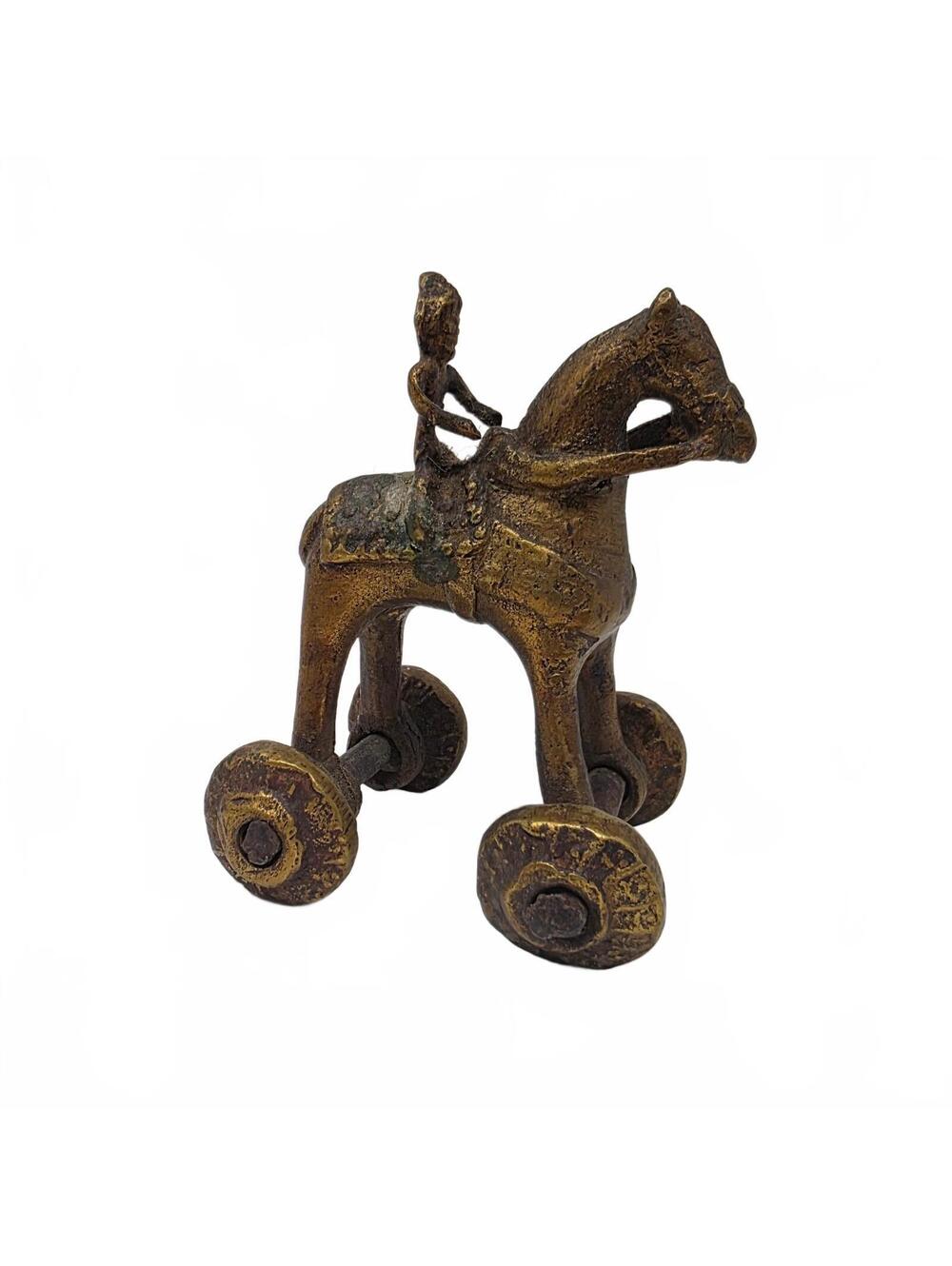 Indian Brass Horse and Rider on Wheels Temple Toy Folk Art Figurine